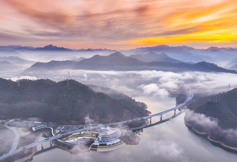 An aerial view of Qiandao Lake bathed in winter light