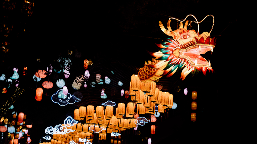 Dragon lanterns light up wetland park in Hangzhou