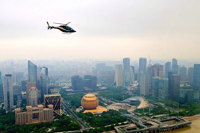 First low-altitude helicopter tour over Hangzhou's Qiantang River takes flight