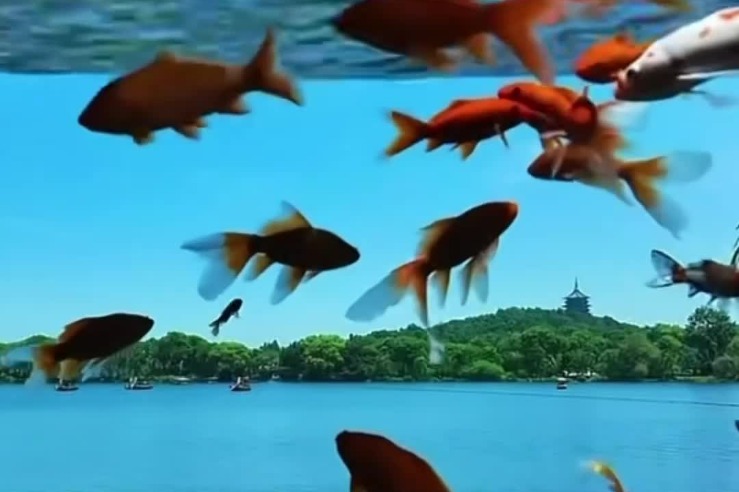 Goldfish 'fly' over West Lake in Hangzhou