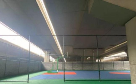 Playing basketball under an overpass